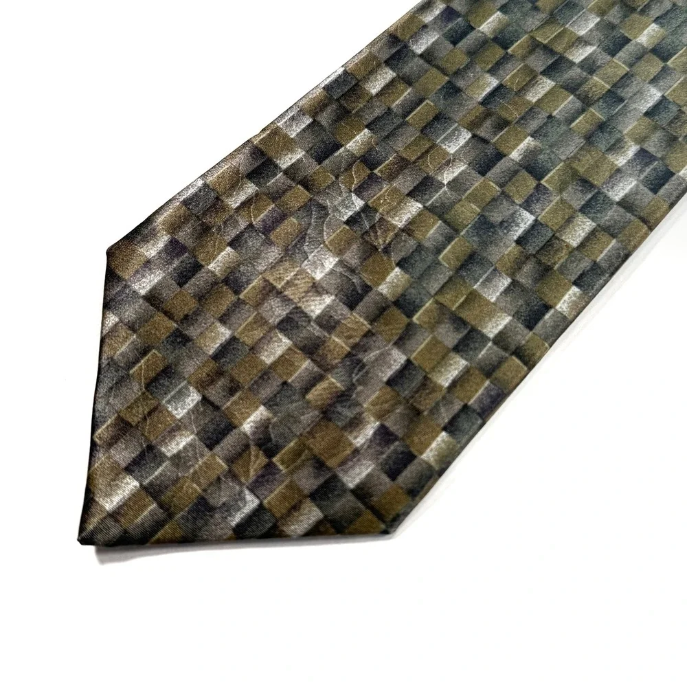 NWT Lanvin Paris Silk Tie Geometric Checkerboard Olive Green Grey Made in France